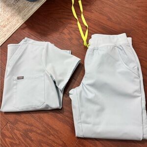 Figs Sky Blue V-Neck Scrub Top and jogger pants